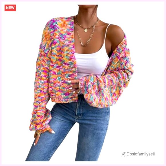 Cropped Cardigan Ribbed Knit Open Front Long Sleeve Drop Shoulder - Picture 4 of 6